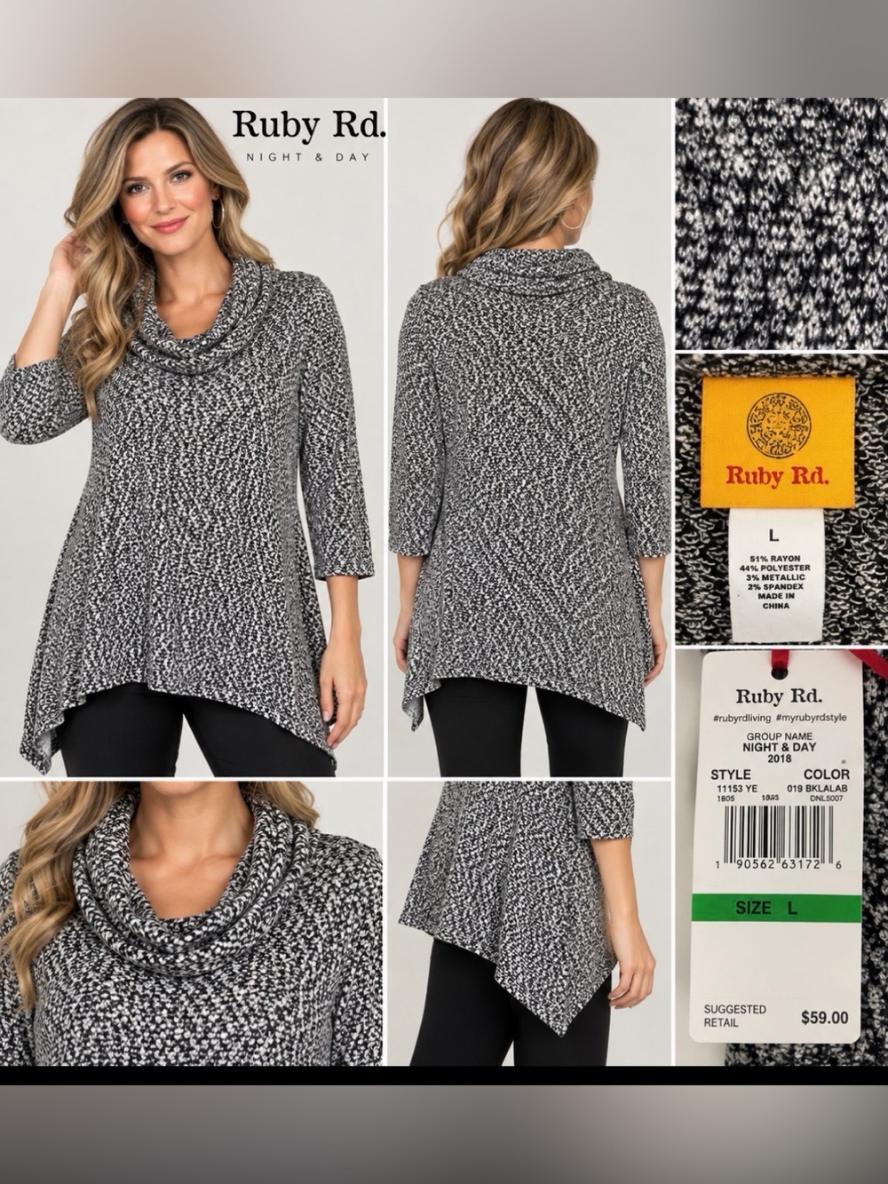 NWT Ruby Rd Night & Day Cowl Neck Metallic Tunic Sweater Black White L